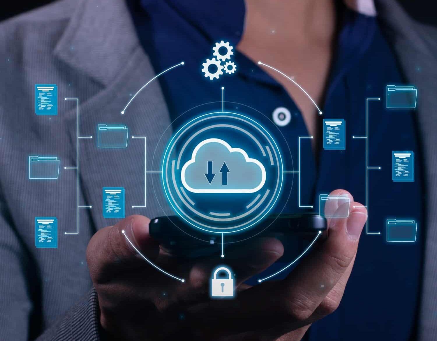 Vertical Photo of A man employs cloud-based computing on his smartphone.