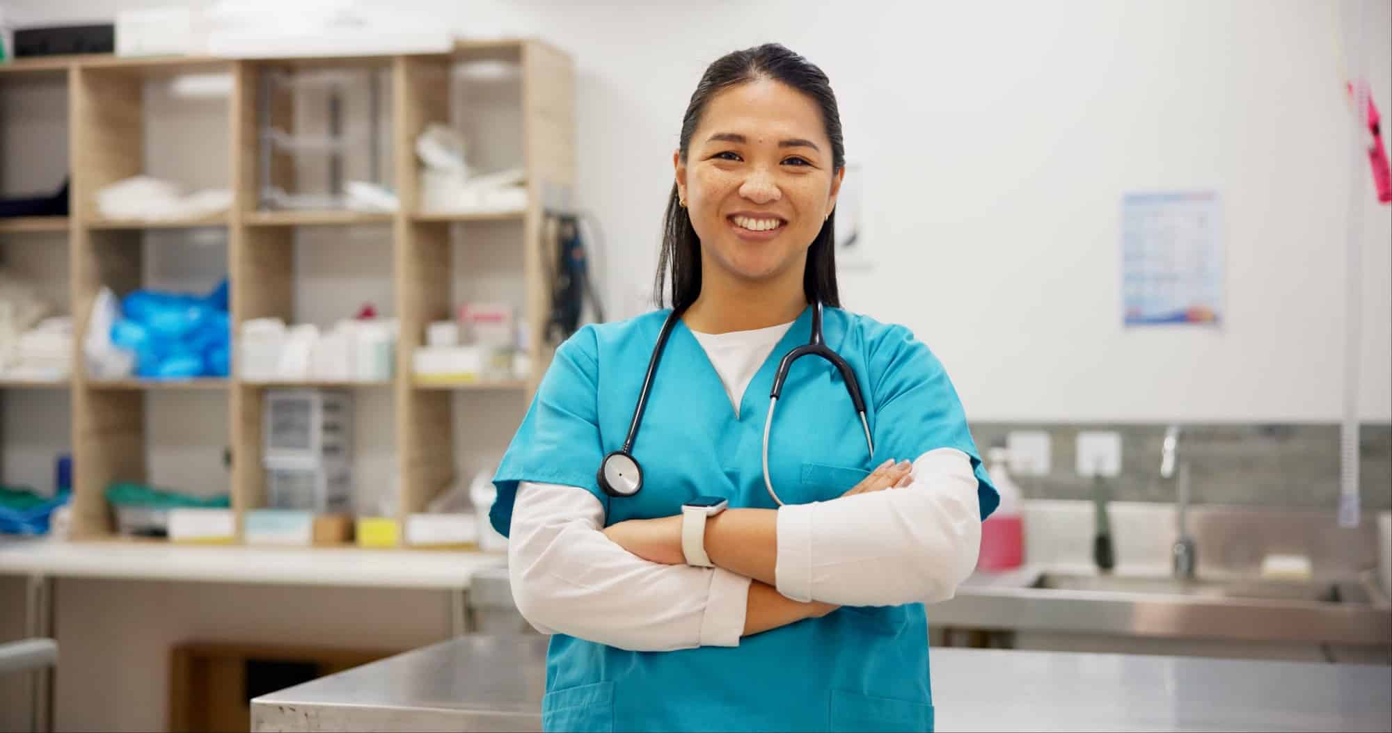Crossed arms, veterinary and portrait of Asian woman in clinic for medical service, medicine and tr
