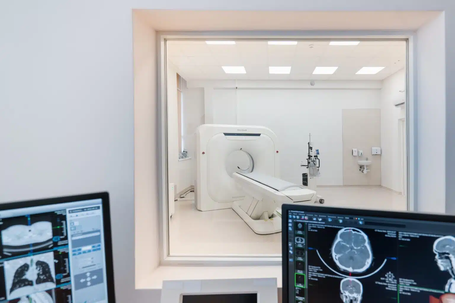Computer tomography equipment in the clinic screen with a tomographic image in the medical