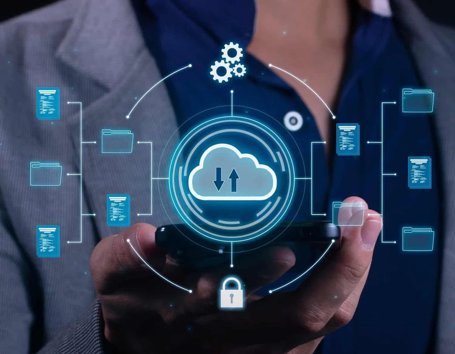 Vertical Photo of A man employs cloud-based computing on his smartphone.