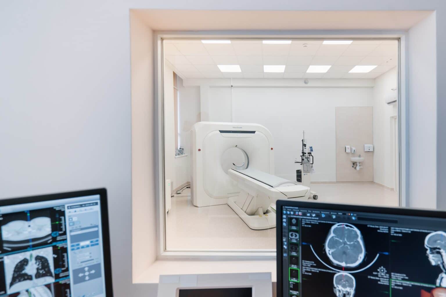 Computer tomography equipment in the clinic screen with a tomographic image in the medical