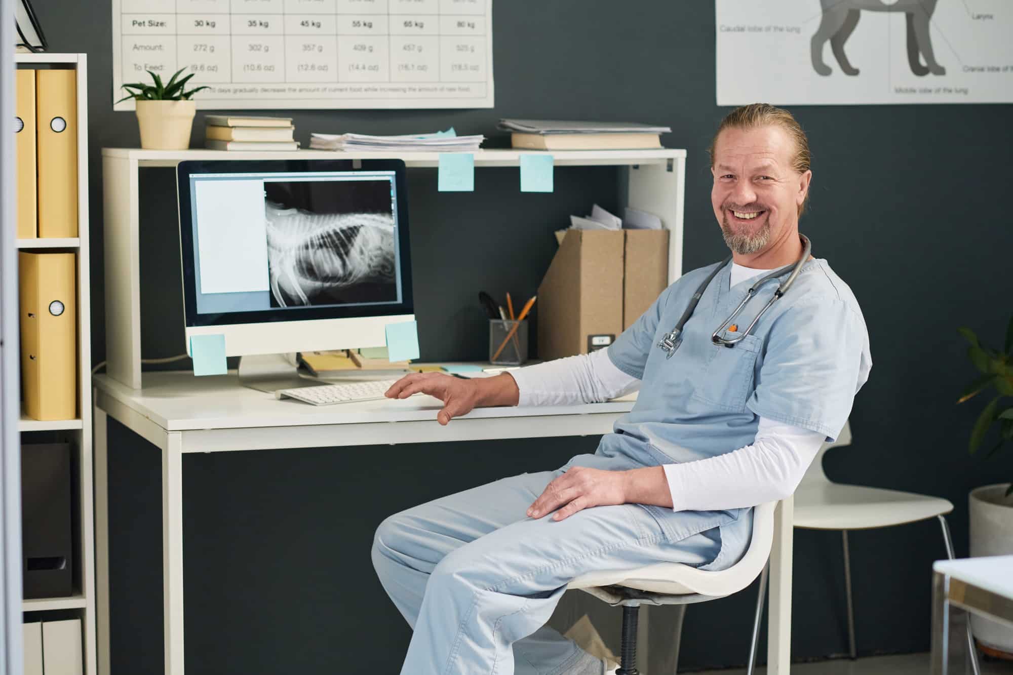 Vet Doctor Sitting at Computer Desk